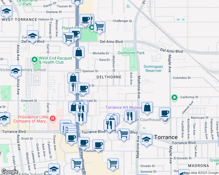 map of restaurants, bars, coffee shops, grocery stores, and more near 3556 Garnet Street in Torrance