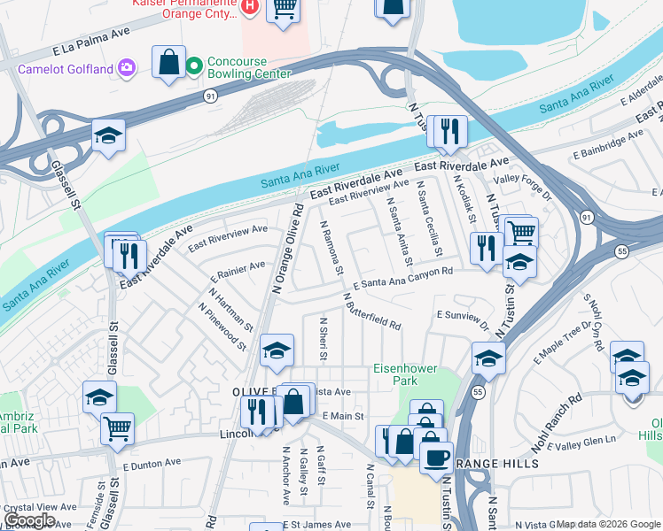 map of restaurants, bars, coffee shops, grocery stores, and more near 4056 North Ramona Street in Orange