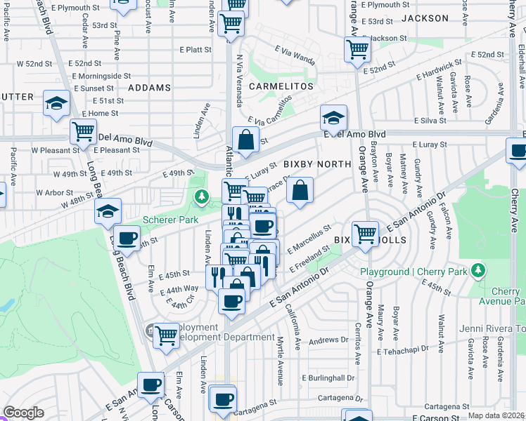 map of restaurants, bars, coffee shops, grocery stores, and more near 801 East 46th Street in Long Beach