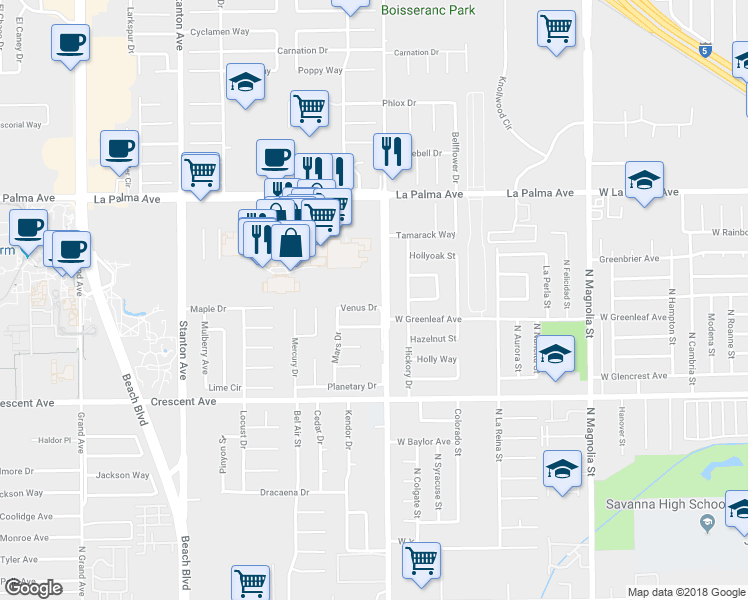 map of restaurants, bars, coffee shops, grocery stores, and more near 8485 Venus Drive in Buena Park