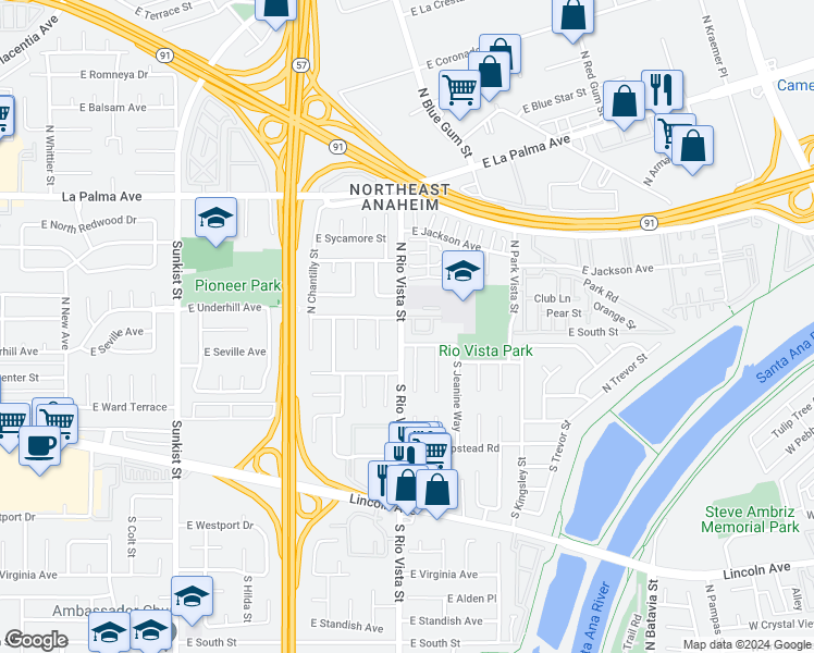 map of restaurants, bars, coffee shops, grocery stores, and more near 230 North Rio Vista Street in Anaheim