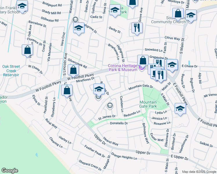map of restaurants, bars, coffee shops, grocery stores, and more near 3114 Sundown Lane in Corona