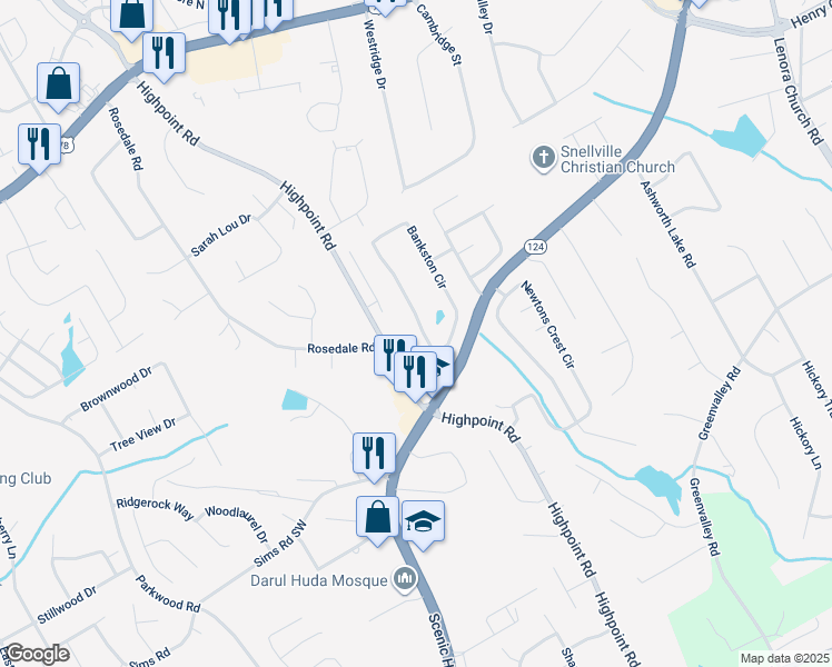 map of restaurants, bars, coffee shops, grocery stores, and more near 2431 Bankston Circle in Snellville