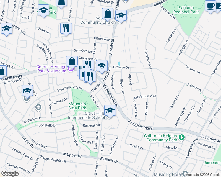 map of restaurants, bars, coffee shops, grocery stores, and more near 107 Engelmann Drive in Corona