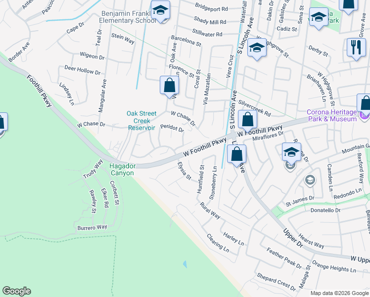 map of restaurants, bars, coffee shops, grocery stores, and more near 1184 Athlone Lane in Corona
