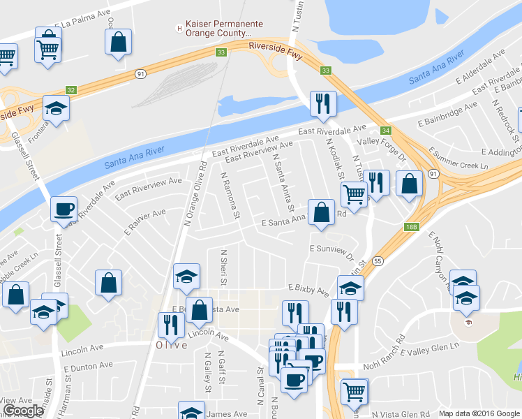 map of restaurants, bars, coffee shops, grocery stores, and more near 1521 East Baldwin Avenue in Orange