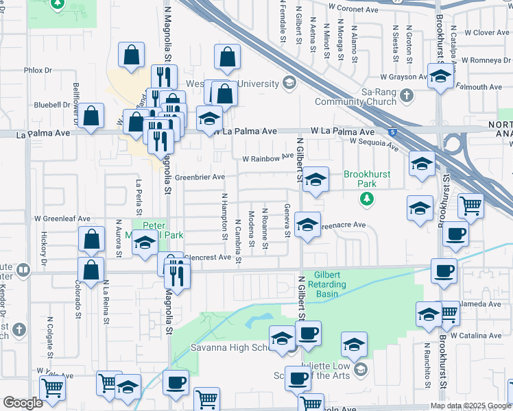 map of restaurants, bars, coffee shops, grocery stores, and more near 830 Modena Street in Anaheim