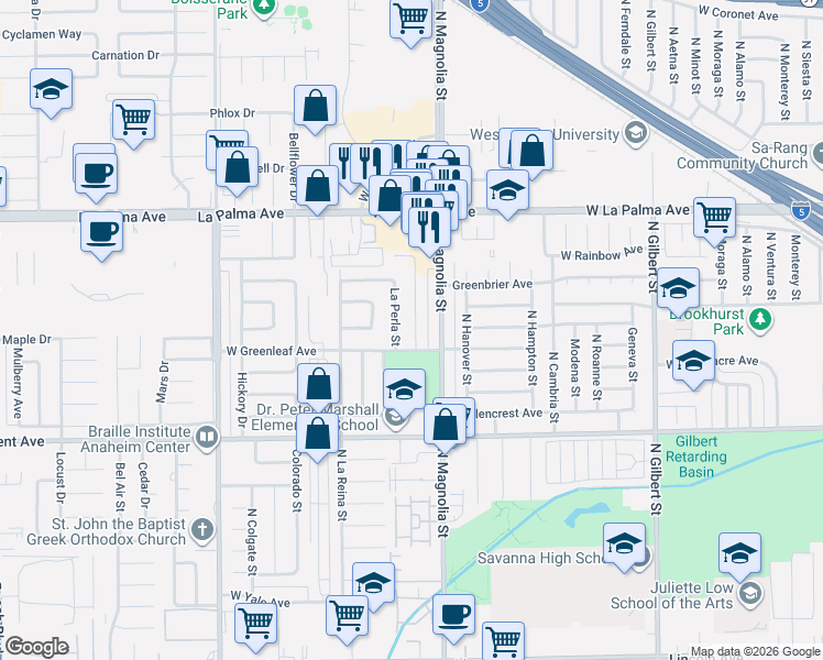 map of restaurants, bars, coffee shops, grocery stores, and more near 833 La Perla Street in Anaheim