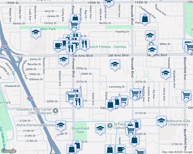 map of restaurants, bars, coffee shops, grocery stores, and more near in Lakewood