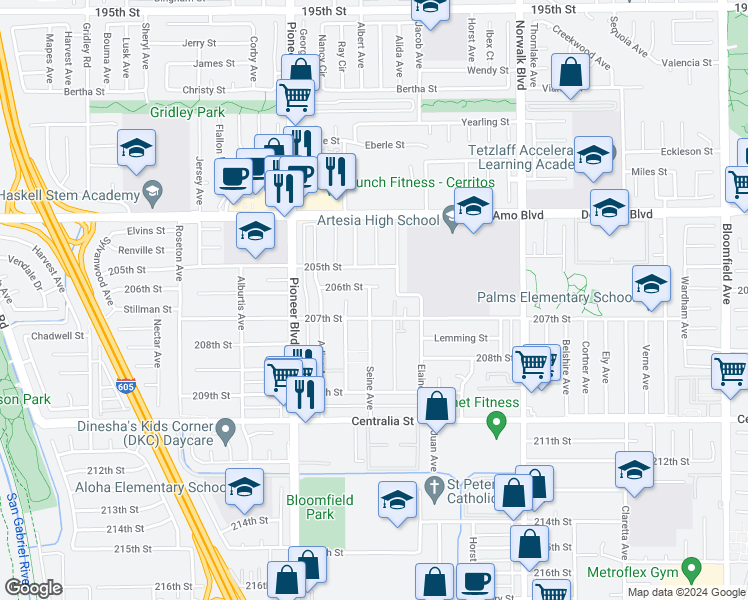 map of restaurants, bars, coffee shops, grocery stores, and more near in Lakewood