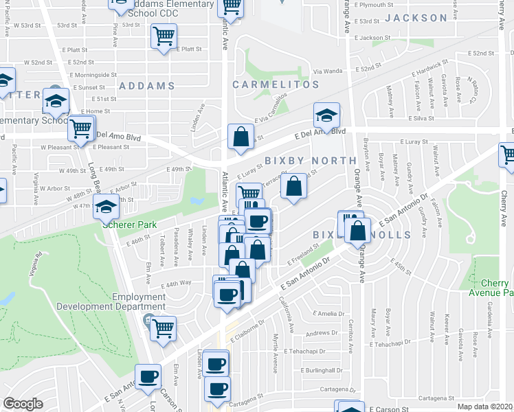 map of restaurants, bars, coffee shops, grocery stores, and more near 799 East 46th Street in Long Beach