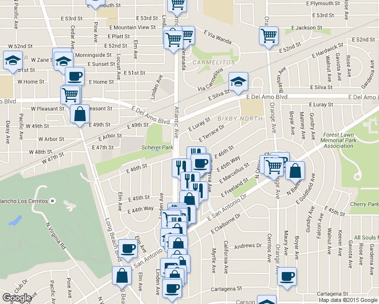 map of restaurants, bars, coffee shops, grocery stores, and more near 799 East 46th Street in Long Beach