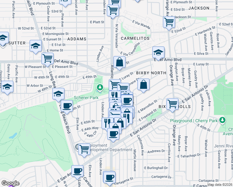 map of restaurants, bars, coffee shops, grocery stores, and more near in Long Beach