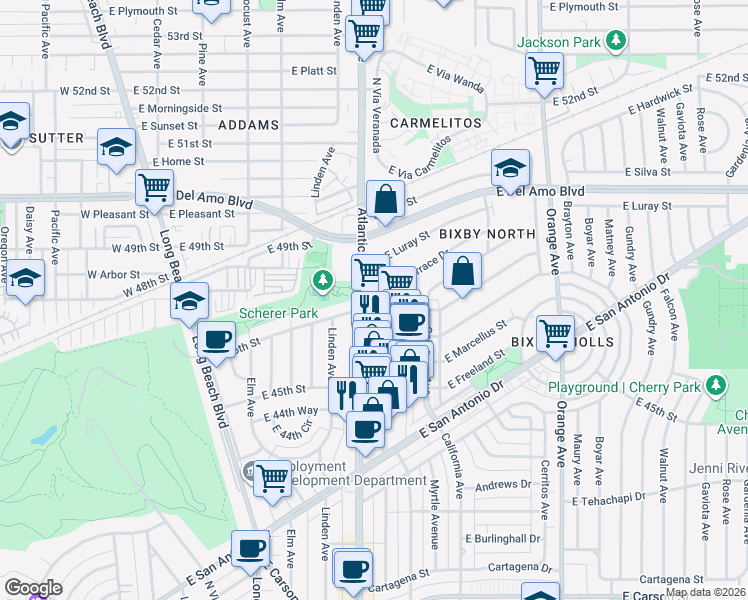 map of restaurants, bars, coffee shops, grocery stores, and more near in Long Beach