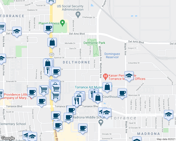 map of restaurants, bars, coffee shops, grocery stores, and more near 3460 Garnet Street in Torrance