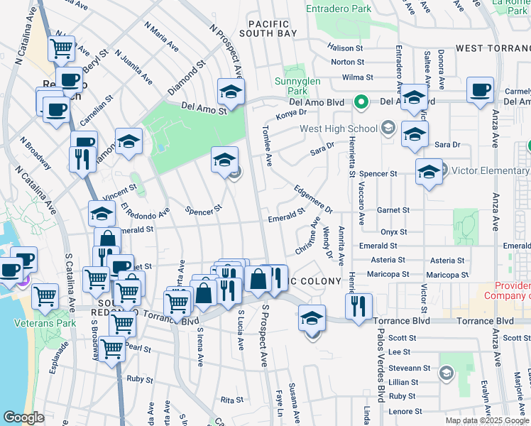 map of restaurants, bars, coffee shops, grocery stores, and more near 117 North Prospect Avenue in Redondo Beach