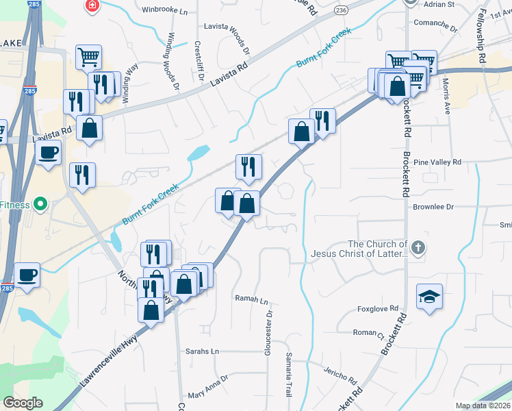 map of restaurants, bars, coffee shops, grocery stores, and more near 3565 Lawrenceville Highway in Tucker