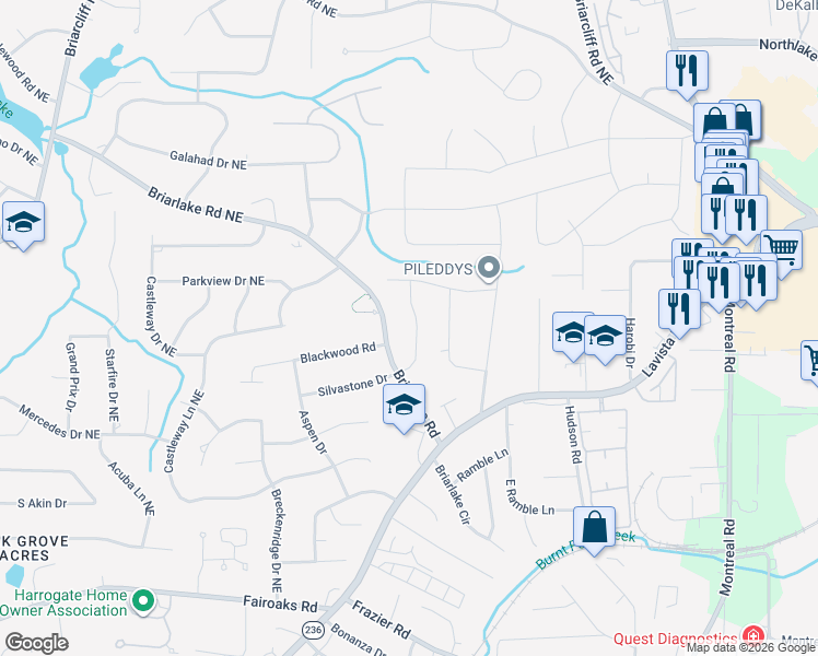 map of restaurants, bars, coffee shops, grocery stores, and more near 2968 Briarlake Road in Decatur