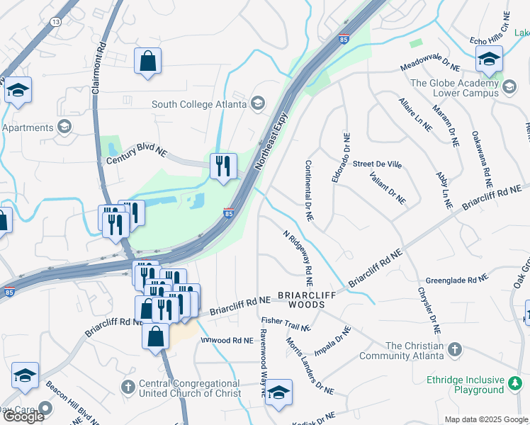 map of restaurants, bars, coffee shops, grocery stores, and more near 2039 Fisher Trail Northeast in Atlanta
