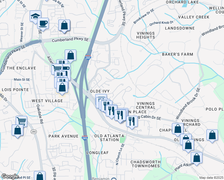 map of restaurants, bars, coffee shops, grocery stores, and more near 4784 Ivy Ridge Drive Southeast in Atlanta