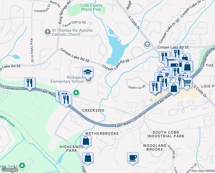 map of restaurants, bars, coffee shops, grocery stores, and more near 5202 Laurel Bridge Drive Southeast in Smyrna