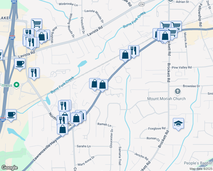 map of restaurants, bars, coffee shops, grocery stores, and more near 3535 Lawrenceville Highway in Tucker