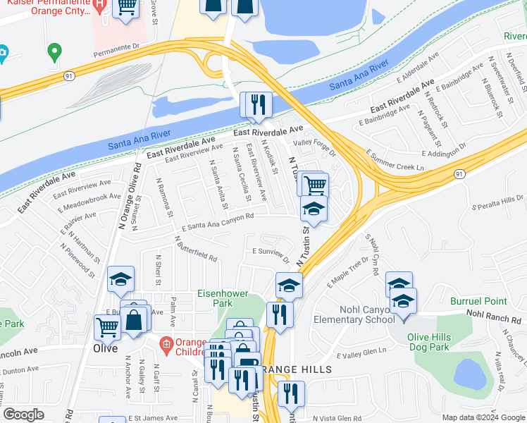 map of restaurants, bars, coffee shops, grocery stores, and more near 4024 North Santa Lucia Street in Orange