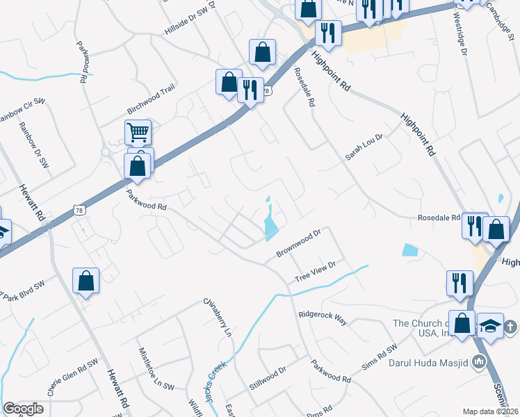 map of restaurants, bars, coffee shops, grocery stores, and more near 3364 Park Glenn Lane in Snellville