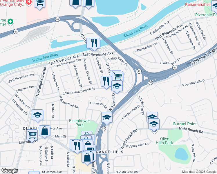 map of restaurants, bars, coffee shops, grocery stores, and more near 106 North Kodiak Street in Anaheim