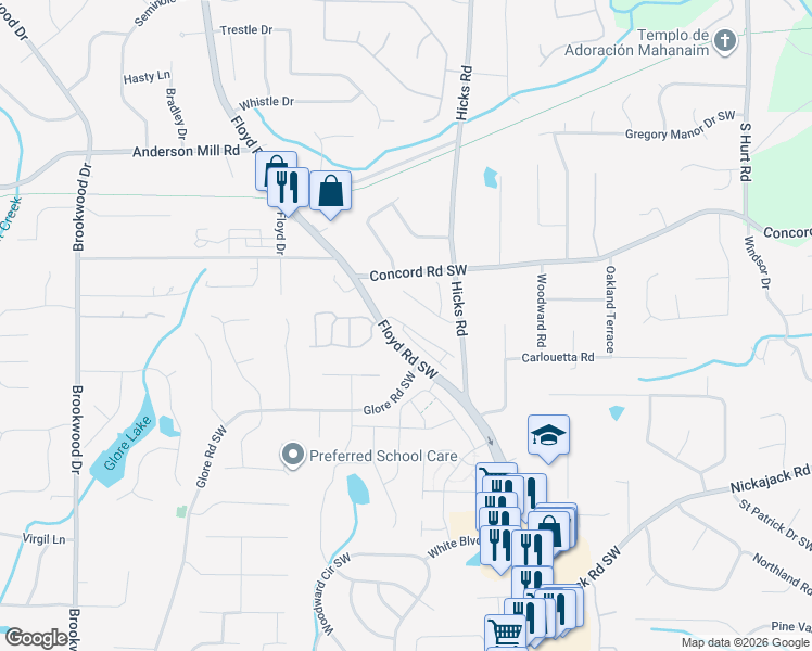 map of restaurants, bars, coffee shops, grocery stores, and more near 4525 Floyd Road Southwest in Mableton