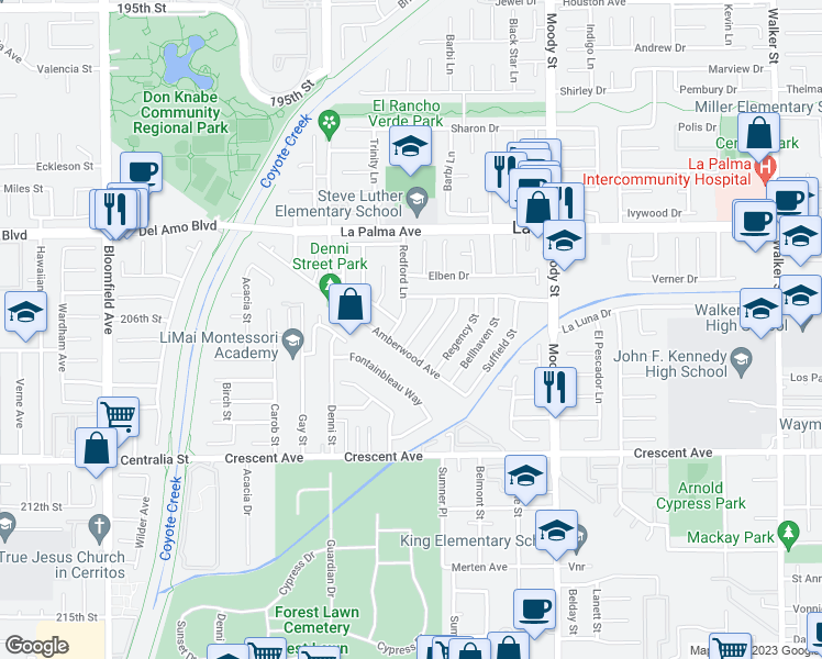 map of restaurants, bars, coffee shops, grocery stores, and more near 8221 Wickham Lane in La Palma