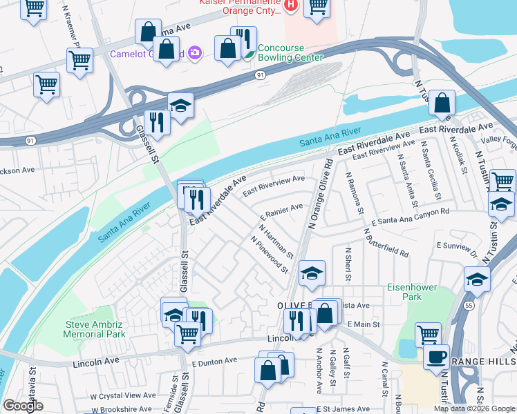 map of restaurants, bars, coffee shops, grocery stores, and more near 502 East Meadowbrook Avenue in Orange