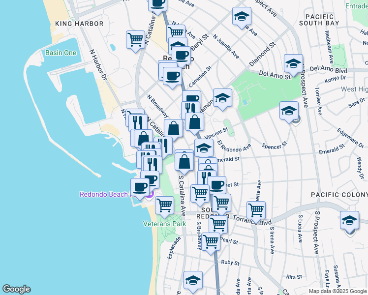 map of restaurants, bars, coffee shops, grocery stores, and more near 128 North Broadway in Redondo Beach