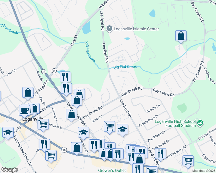 map of restaurants, bars, coffee shops, grocery stores, and more near 528 Mockingbird Lane in Loganville