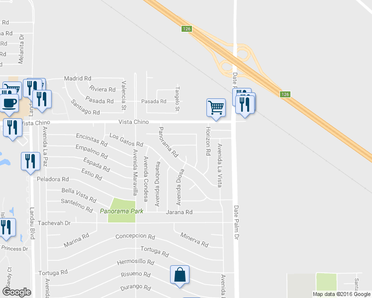 map of restaurants, bars, coffee shops, grocery stores, and more near 68755 Raposa Road in Cathedral City