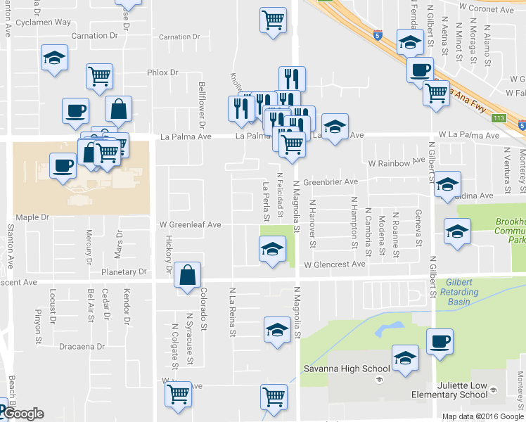 map of restaurants, bars, coffee shops, grocery stores, and more near 833 La Perla Street in Anaheim