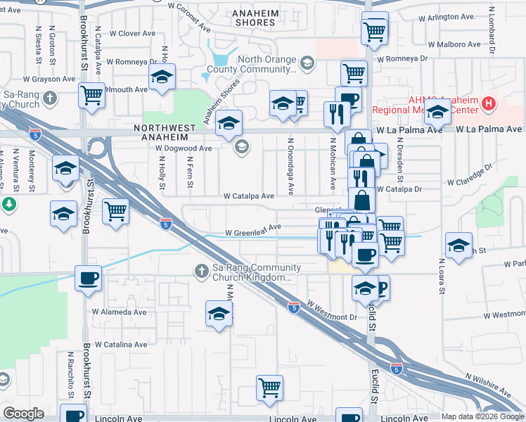 map of restaurants, bars, coffee shops, grocery stores, and more near 1900 Glenoaks Avenue in Anaheim