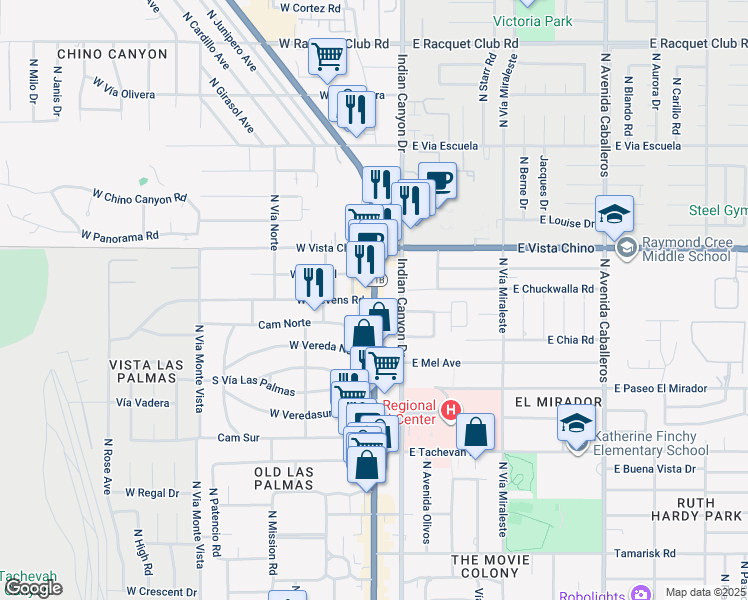 map of restaurants, bars, coffee shops, grocery stores, and more near 1521-1501 North Palm Canyon Drive in Palm Springs