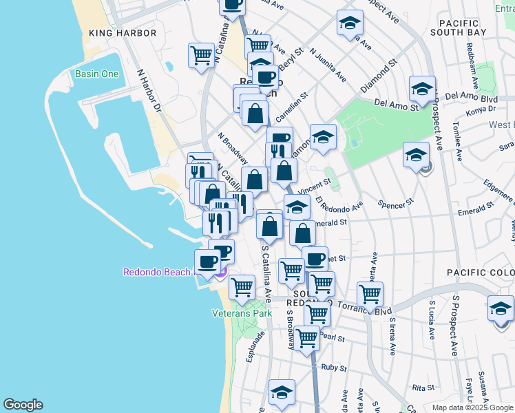 map of restaurants, bars, coffee shops, grocery stores, and more near 132 North Catalina Avenue in Redondo Beach