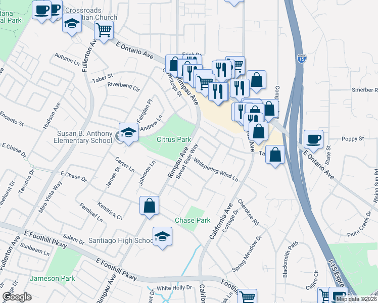 map of restaurants, bars, coffee shops, grocery stores, and more near 2536 Sweet Rain Way in Corona