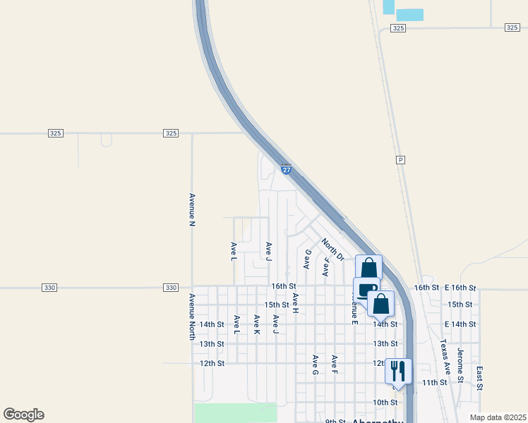 map of restaurants, bars, coffee shops, grocery stores, and more near 1705 Avenue J in Abernathy