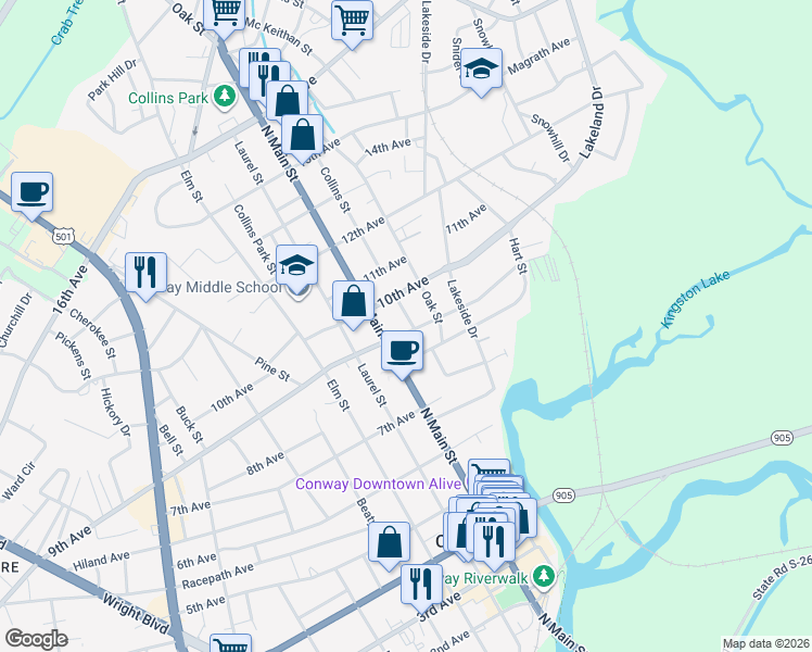 map of restaurants, bars, coffee shops, grocery stores, and more near 901 Collins Street in Conway