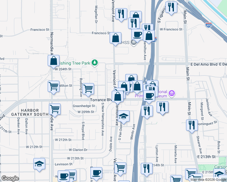 map of restaurants, bars, coffee shops, grocery stores, and more near 20553 South Vermont Avenue in Torrance
