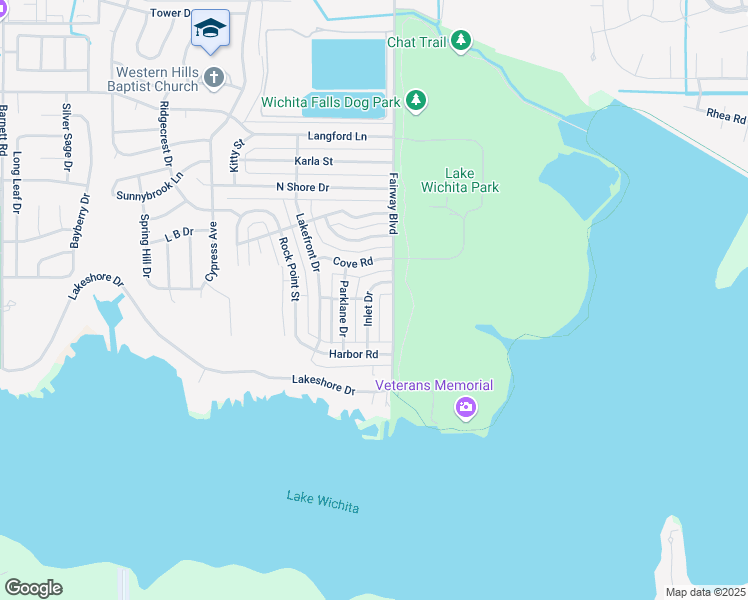 map of restaurants, bars, coffee shops, grocery stores, and more near 5109 Inlet Drive in Wichita Falls