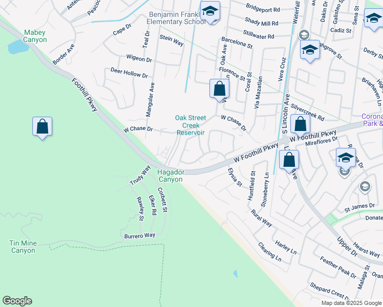 map of restaurants, bars, coffee shops, grocery stores, and more near 1342 Onyx Circle in Corona