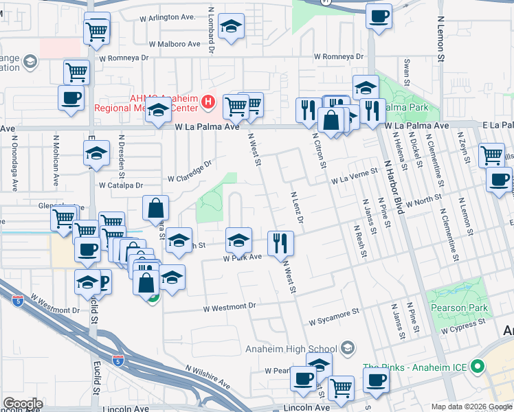 map of restaurants, bars, coffee shops, grocery stores, and more near 848 North Yvonne Place in Anaheim