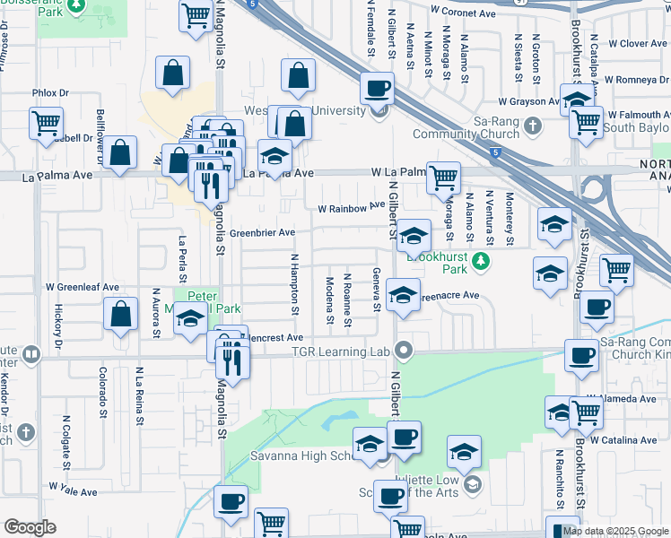 map of restaurants, bars, coffee shops, grocery stores, and more near 830 Modena Street in Anaheim