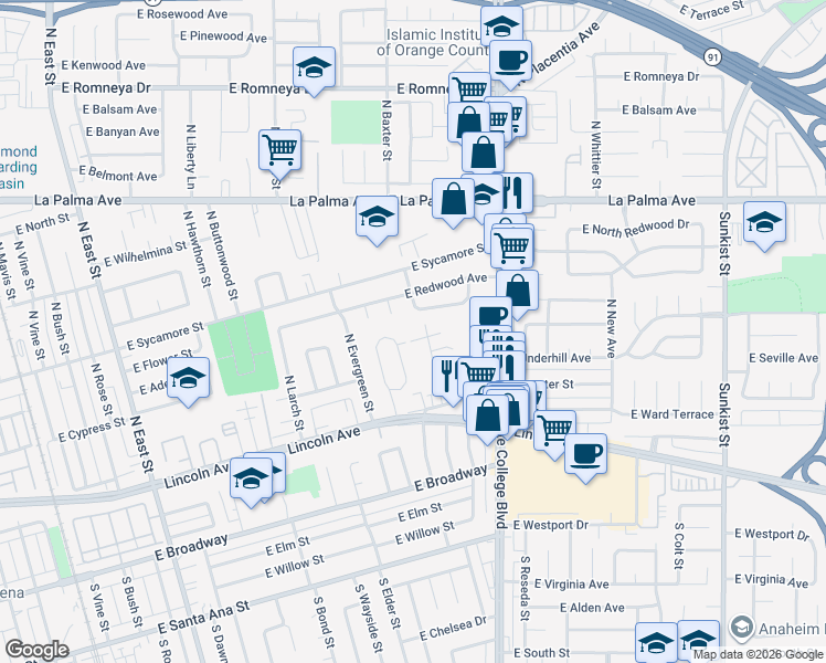 map of restaurants, bars, coffee shops, grocery stores, and more near 1807 East Cypress Street in Anaheim
