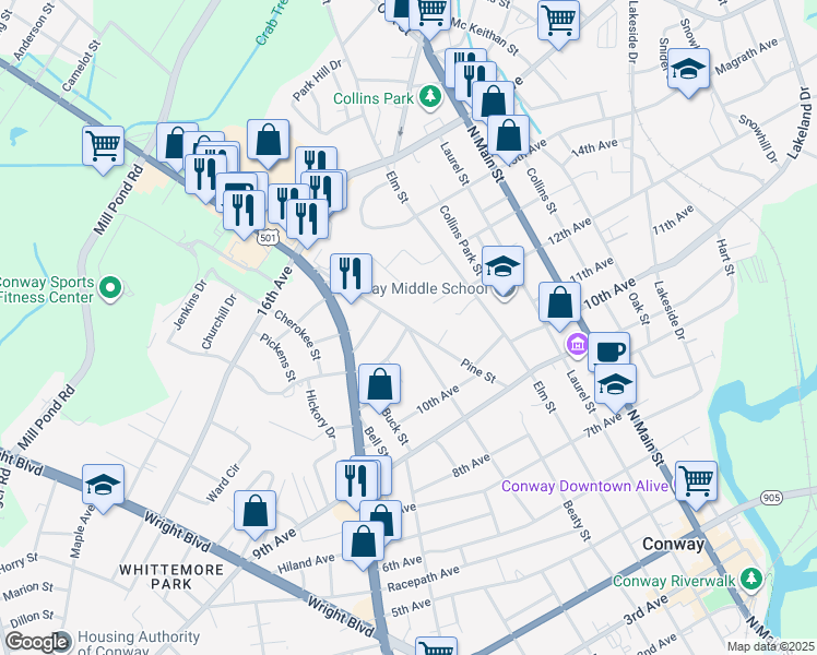 map of restaurants, bars, coffee shops, grocery stores, and more near 1014 Burroughs Street in Conway