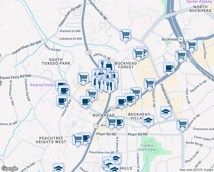 map of restaurants, bars, coffee shops, grocery stores, and more near 3230 Roswell Road Northeast in Atlanta